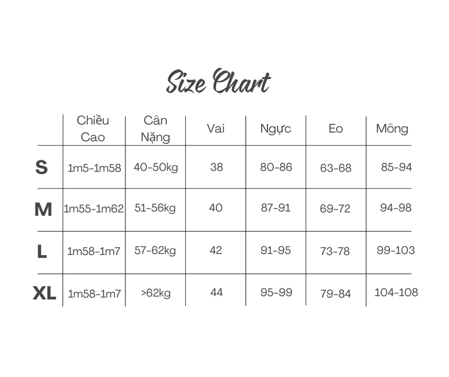 Bảng size gốc của Melia dạng hình ảnh