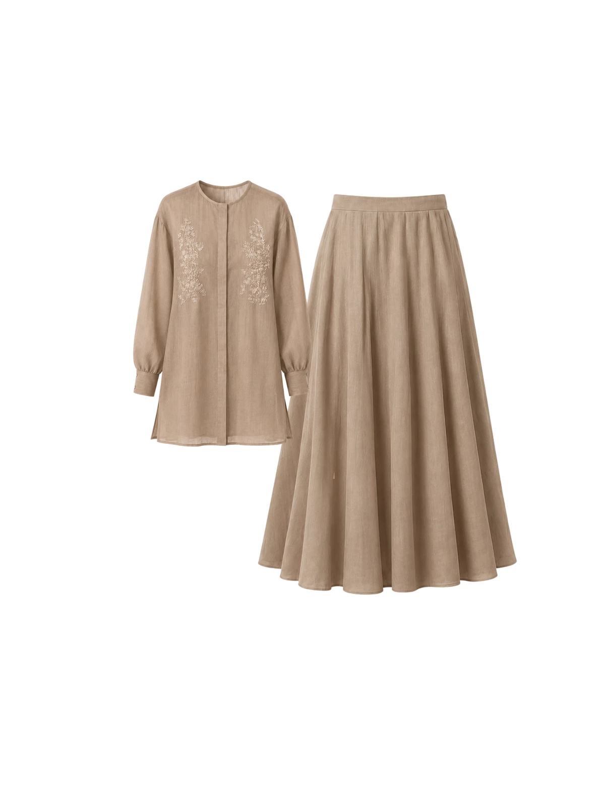 Set gồm áo sơ mi thêu hoa và chân váy xếp ly linen nâu