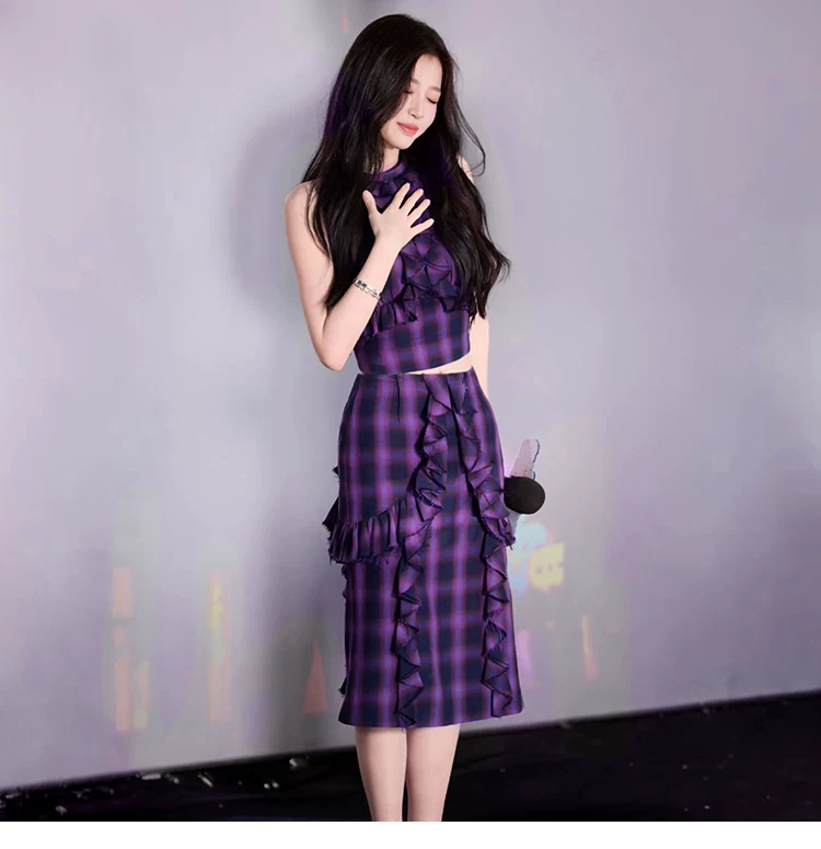 Set caro tím phối giày cao gót